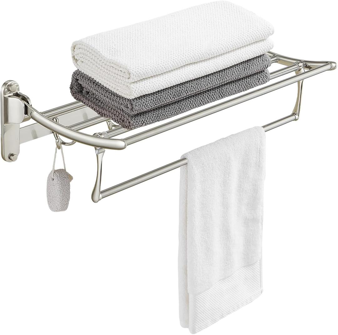 BESy 24 Inch Brushed Nickel Towel Racks, Bathroom Towel Shelf with Foldable Towel Bar Holder and Towel Hooks, Wall Mounted Multifunctional Bathroom Accessories, Double Towel Bars