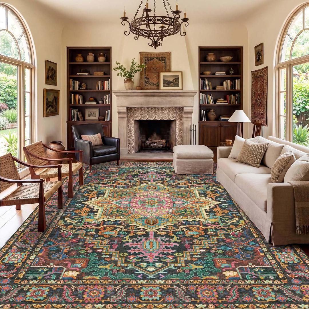 Kokia 10x14 Washable Black and Pink Area Rugs with Vintage Orient Design, Soft Rug for Living Room or Bedroom, Non-Slip Low Pile Stain Resistance Features, Distressed Medallion Pattern