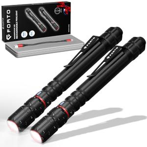 FORTO Rechargeable Pen Light Flashlight, 400 Lumens Small Pocket Flashlight with Clip, IP67 Waterproof, 2 Light Modes, 3-Color Battery Indicator, Type-C Charging, for Inspection,Emergency2 Pack