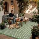 Garvee 9x12 Extra Large Modern Striped Outdoor Waterproof Rug, Reversible Patio Camping Mat for RV, Backyard, Deck, Porch, Balcony, Beach, Garden, UV Protected & Easy Clean Outdoor Carpet, GreenWhite.