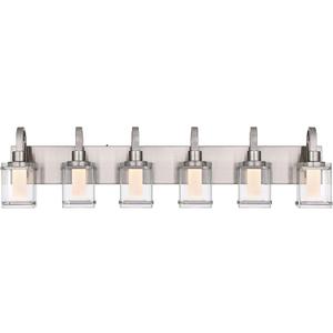 6-Light Brushed Nickel Vanity Light Fixtures, Modern LED Bathroom Wall Lights for Dressing Room, Integrated LED Chips with Frosted Column & Clear Square Glass Shades, Energy Saving Wall Sconce