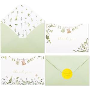 Crisky Sage Green Baby Shower Thank You Cards with Envelopes & Stickers(50 Pack), Eucalyptus Baby Thank You Cards Bulk with Watercolor Wildflower Design for Newborn Boy Girl Birthday