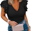 Womens Ruffle Tank Tops Summer Dressy Casual V Neck Slim Fit Ribbed Knit Sleeveless Shirts (Large)