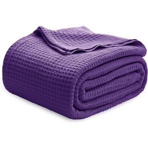 Bedsure Gentlesoft 100% Cotton Blanket Queen Size for Bed - Breathable and Soft, Thick Cozy Waffle Weave Christmas Blanket Gift for Women, Purple, 90x90 Inches