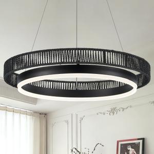 Black Ring Chandelier 24 Dimmable Modern LED Chandeliers Wicker Woven Round Foyer Chandelier Light with Remote Control Farmhouse Circular Pendant Light for Dining Room Foyer Entryway Bedroom
