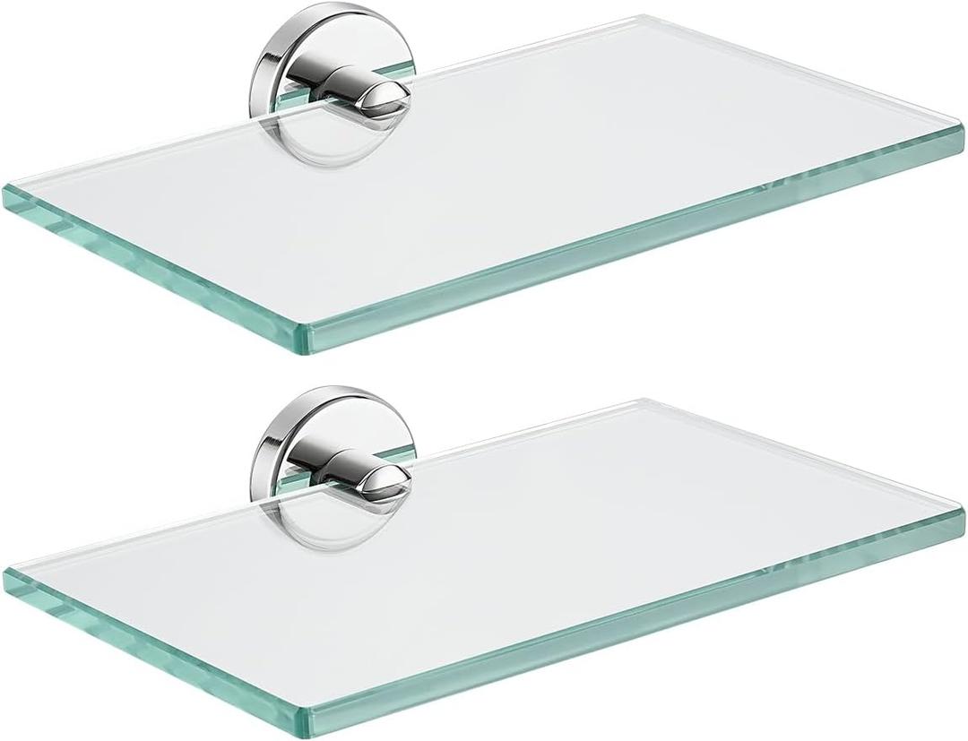 JQK Bathroom Glass Shelf Chrome, Tempered Glass Shower Storage 8 by 5 inches, 304 Stainless Steel Polished Chrome Wall Mount 1 Pack, TGS101L8-CH-P2