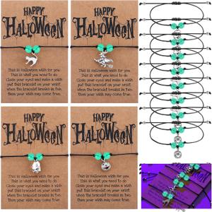 Hoolerry 12 Pcs Halloween Wish Bracelet Set Glowing Adjustable Halloween Bracelets with Cards Witch Ghost Cat Pumpkin Glow in the Dark Gifts for Women Party Favor