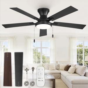 ZMISHIBO 52inch Ceiling Fans with Lights, Low Profile Ceiling Fan with Pull Chain and Remote Control, Flush Mount, Reversible, Dimmable, Noiseless, Black Pull Cord Ceiling Fan for Bedroom