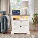 Vabches Nightstand with Charging Station, Vintage End Table with 2 Drawers, Wood Rustic Sofa Side Table with Open Storage Shelf for Bedroom, Living Room (White)