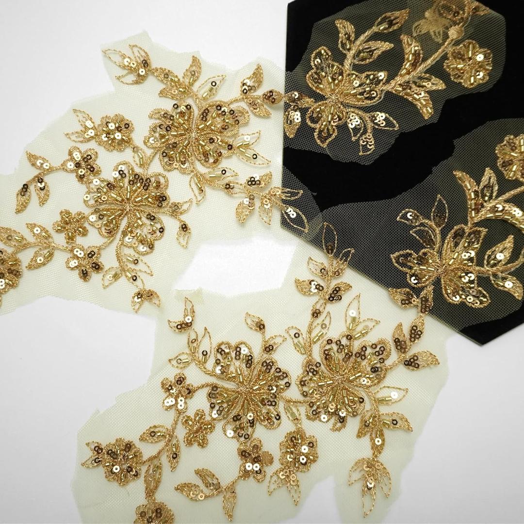 One Pair 3D Beaded Embroidery Sequin Lace Applique Gold Mirror Sew On Flower Fabric Collar Patch Motif Wedding Gown Dress BridalDIY Crafts