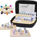 Mexican Train Dominoes Set with Numbers and 4 Wooden Trays/Racks, Double 12 Dominos Travel Set with 4 Tiles Holders, 91 Tiles Double 12 (Mexican Train Dominoes Set with 4 Racks)