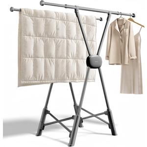 BIREN Clothes Drying Rack Heavy Duty Clothing Racks Extending Laundry Rack Two Drying Modes Garment Racks for Drying Clothes, Adjustable Length from 32-55 Inches for Indoor Outdoor Use (Gray)