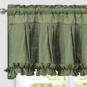 Likiyol Linen Valances for Windows Farmhouse Window Valances with Ruffle Rustic Country Light Filtering Kitchen Valance Curtains Rod Pocket Valance for Bathroom Cafe, Green, 52" W X 18" L