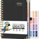RETTACY Undated Planner, Weekly and Monthly, 53 Weeks and 12 Months, Medium Size (5.7" x 8.3"), 24 Self-adhesive Monthly Tabs, Hardcover, 100 GSM Thick Paper, Spiral-bound (Black)