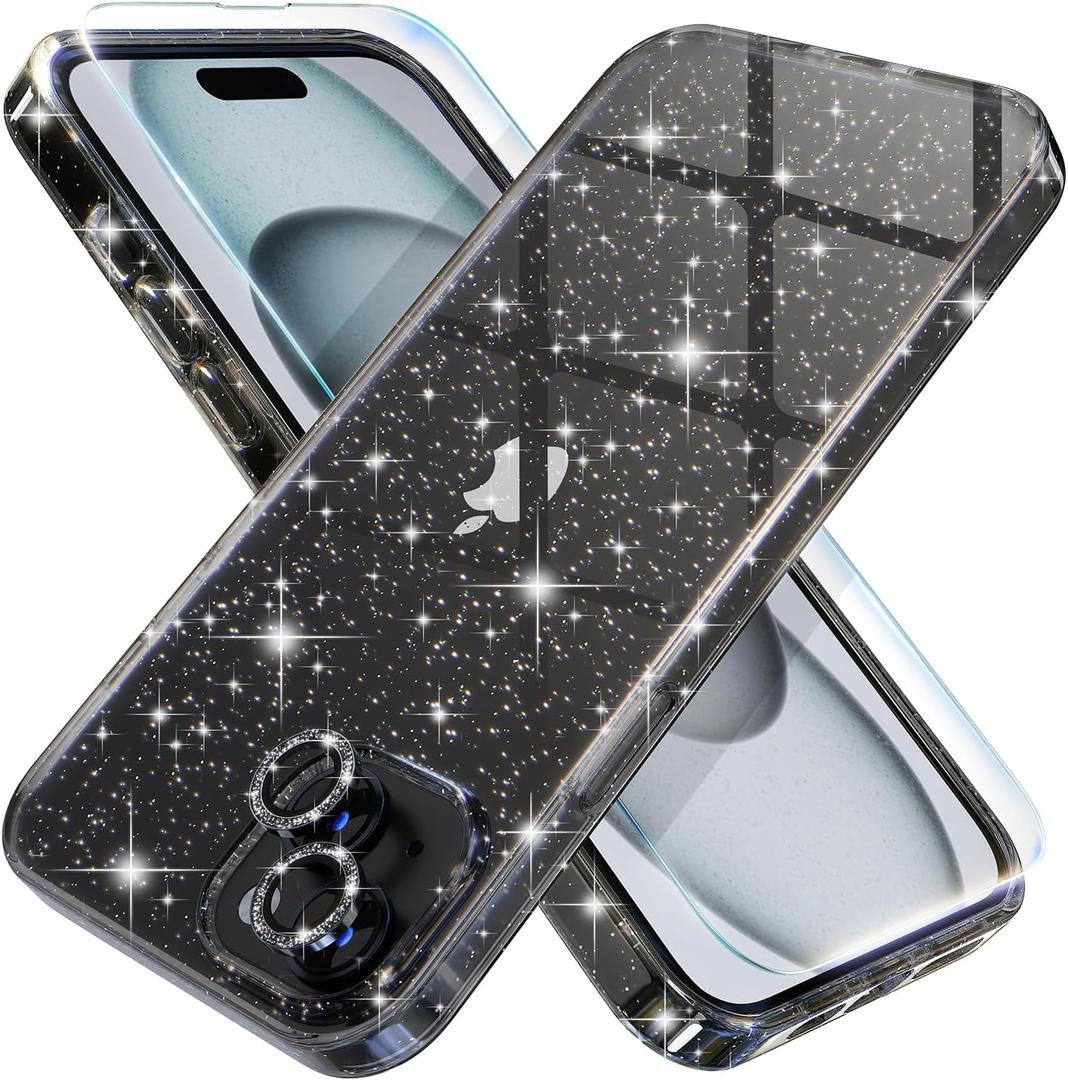 Choiche Compatible for iPhone 15 Plus Case Women Phone Case, Cute Bling Sparkly, Military Grade Drop Protection, 2 Diamond Camera Lens Covers, 2 Tempered Glass Protectors, 6.7 inch (Glitter Black)