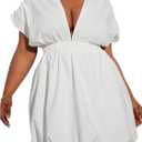 Women's Plus Size Deep V Neck Mini Bubble Dress Short Sleeve Puffy Party Club Dresses (3X-Large Plus, White)