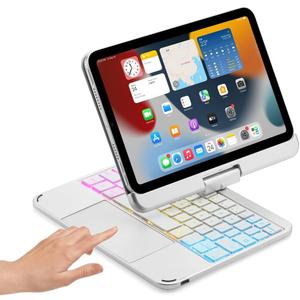 Magnetic 360 Rotating iPad mini A17 Pro 2024/ iPad mini 6 Keyboard Case Touchpad 7 Colors Backlit Keyboard Rotatable Slim Folio Keyboard Cover (Silver)