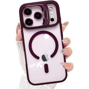 for iPhone 17 Pro Max Magnetic Case with Kickstand, [Compatible with MagSafe] Built in Stash Stand Clear Shockproof Soft Cover Camera Lens Protection Case for iPhone 17 Pro Max 6.9", Wine Red