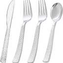 KIRE 400PCS Silver Plastic Silverware - Disposable Silverware, Heavy Duty Plastic Silverware Set Include 200 Silver Forks,100 Silver Knives,100 Silver Spoons for Party,Wedding for Christmas