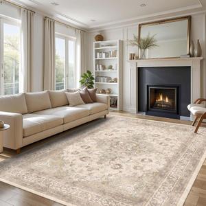 vivorug Beige 5x7 Area Rugs - Ultra-Thin Washable Rug with Non-Slip Backing, Ideal for Living Room, Bedroom, Kitchen Floor Carpet - Vintage Floral, Easy Clean, Durable, Low Pile