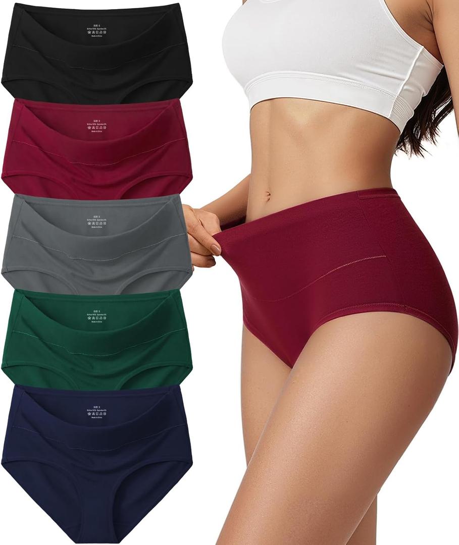 Cotton Underwear for Women High Waisted Full Coverage Briefs Soft Ladies Panties 5 Pack (Large)