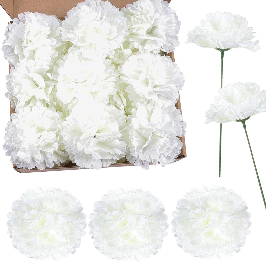 50 Pack Artificial Silk Carnation Picks, Artificial Flowers Carnation Heads with Stems for DIY Flower Wall Wedding Bouquets Centerpieces Arrangements Decorations -white01