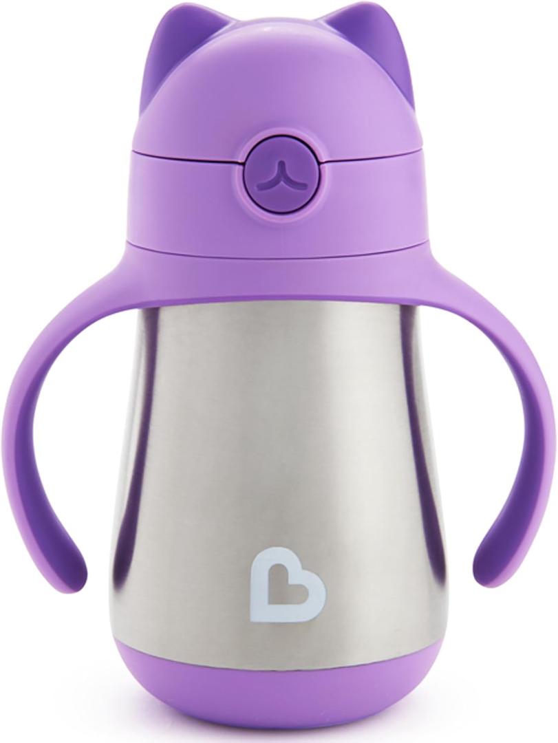 Munchkin Cool Cat Sippy Cup with Straw for Toddlers, Stainless Steel Straw Cup, 8 Ounce, Purple