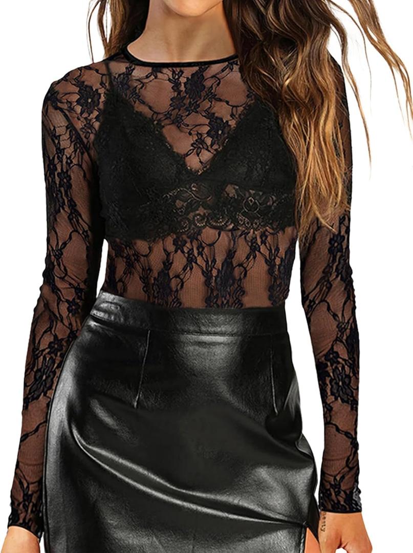 Women's Lace Long Sleeve Tops Mesh Sheer Blouse See Through Floral Concert Outfits Party Lace Undershirt (Black, XL)