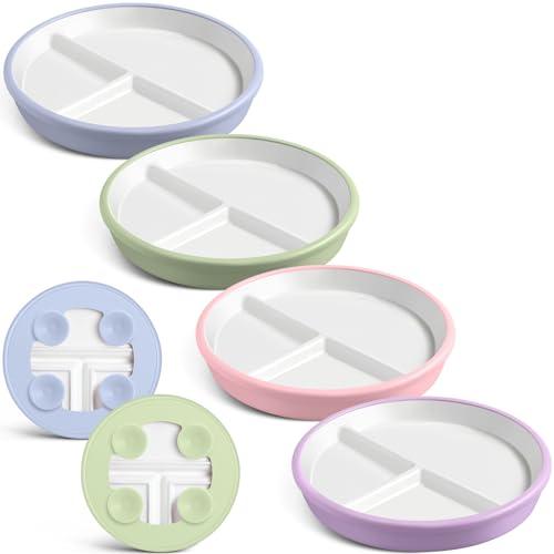 Domensi 4 Pcs 8" Large Porcelain Kids Plates with Anti-slip Silicone Sleeve Ceramic Divided Plate with Suction for Toddler Eating Microwave Dishwasher Friendly (Blue,Green,Purple,Pink)