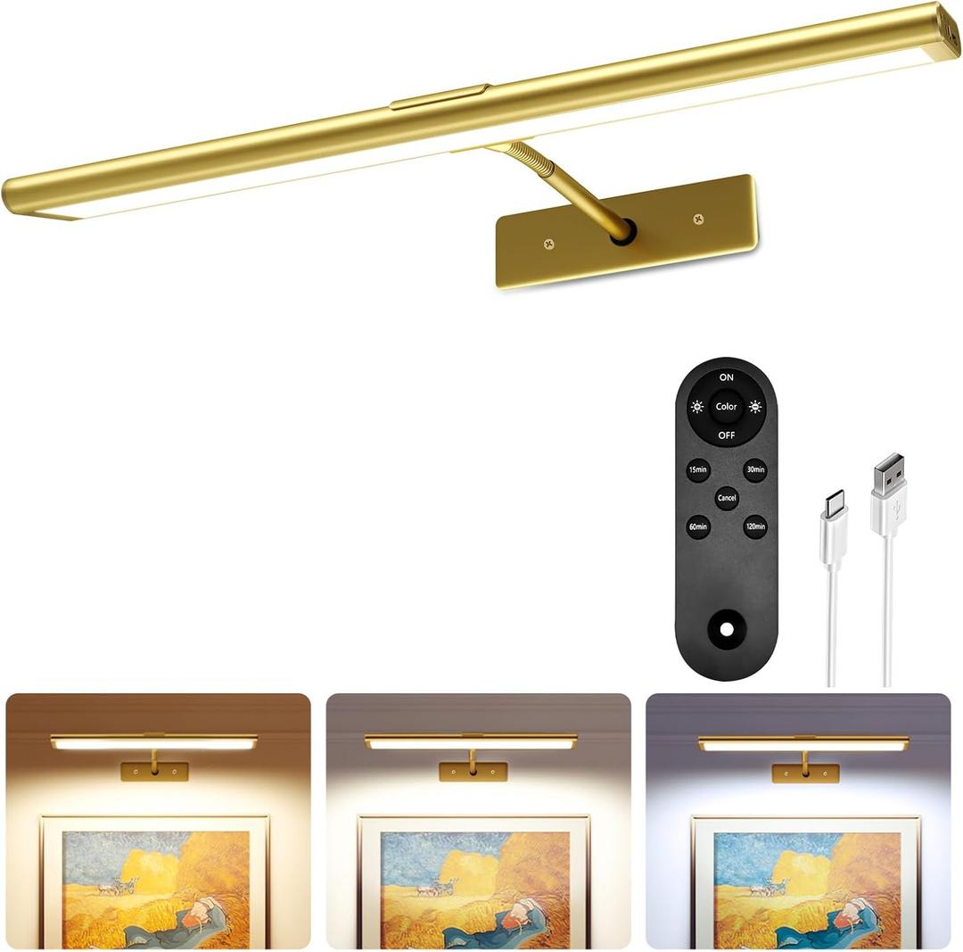 EZVALO Picture Light for Wall, 4800mAh Rechargeable Wireless Remote, 16in Dimmable Magnetic LED Art Display Light with 3 Color Temperatures, for Gallery, Living Room, Bedroom, Hallway (Gold)