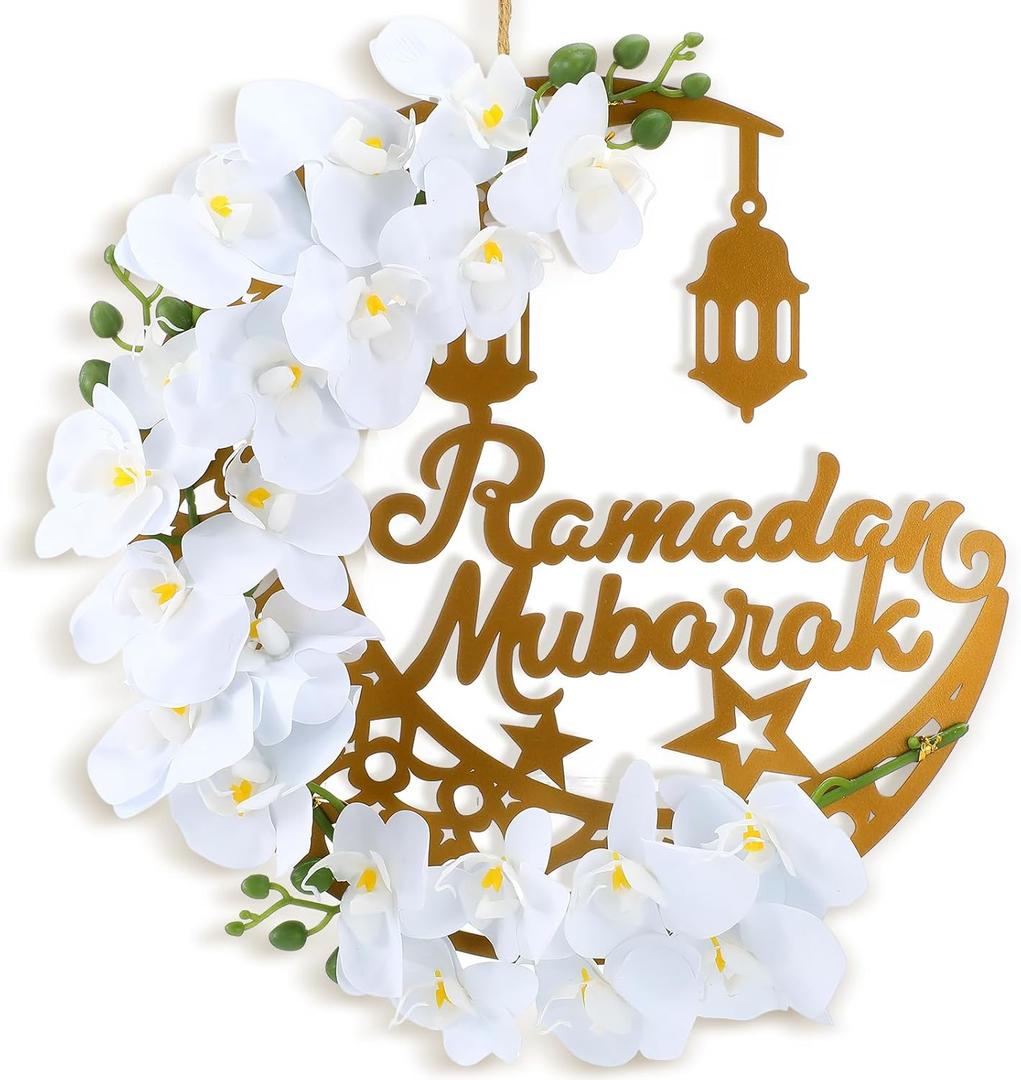 Lineshading Eid Ramadan Mubarak Wreaths Ramadan Decorations for Home Front Door Eid Decor Round Metal Hoop Floral Hanging Garland for Wall Window Indoors Outdoor Farmhouse Decor (Classic)