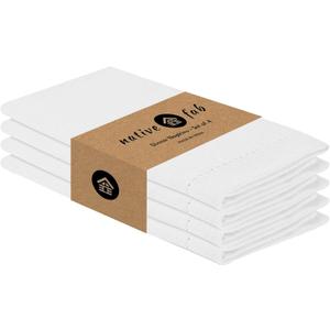 Native Fab Set of 4 Cotton Cloth Napkins, 18x18 inch, Hemstitch Mitered Corners, Soft, Absorbent, Durable Fabric, Premium Linen Napkins for Wedding, Lunch, Dinner, and Everyday Use - White