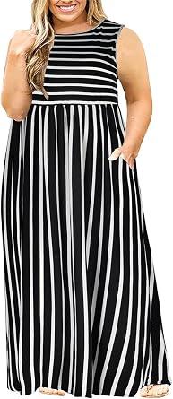 Maxi Dress for Curvy Women Summer Loose Casual Sleeveless with Pocket Long Dresses, Size Medium