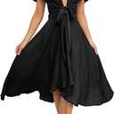  miduo Womens Satin V Neck Ruffle Short Sleeve Tie Front High Waist Midi A-Line Maxi Dresses, Size Large