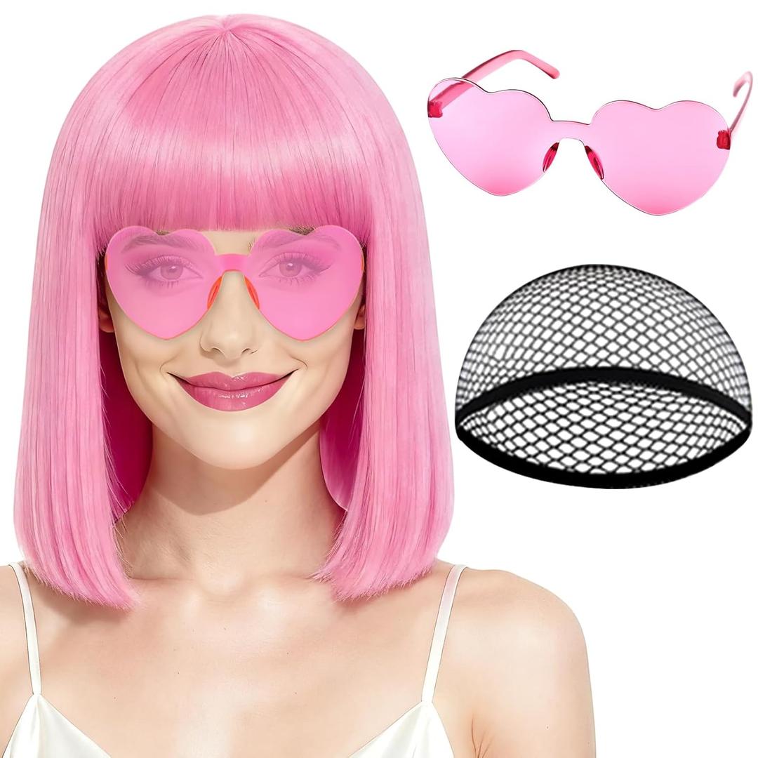 PLULON Pink Bob Wig with Bangs, Short Straight Bob Wig with Heart Sunglasses 12 Inch Shoulder Length Heat Resistant Synthetic Hair Cap for Women Natural Look Daily Use Cosplay Halloween Costume Party