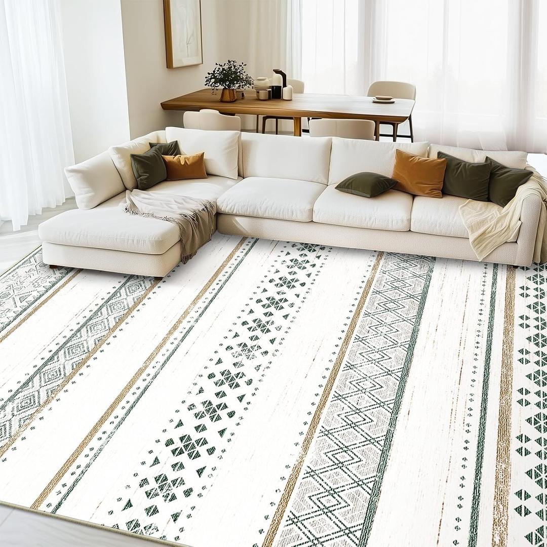 BESTSWEETIE 8x10 Area Rugs for Living Room Washable Moroccan Farmhouse Neutral Geometric Low Pile Non-Slip Soft Print Pattern Rug for Bedroom Kitchen Dining Room Entryway Green/Brown/Brown