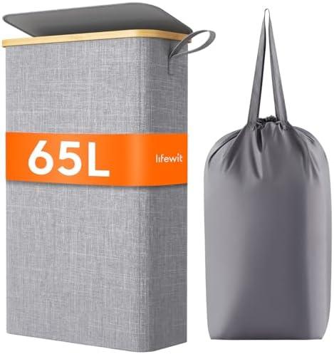 Lifewit 65L Slim Laundry Hamper with Lid, Narrow Laundry Basket with Removable Bag & Bamboo Handles, Fodable Thin Dirty Clothes Hamper for Laundry Collapsible Bin for Bathroom Bedroom Dorm, Gray