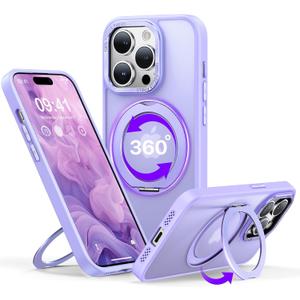 QTlier case for iPhone 14promax, 360 Rotatable Ring Stand, Raised Camera Frame, Shockproof with MagSafe Lilac