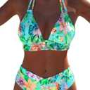 ROSEWE Womens Double Straps Bikini Sets, V-Neck Triangle Top with Mid-Waisted Briefs, Two Piece Colorful Halter Swimsuits Large