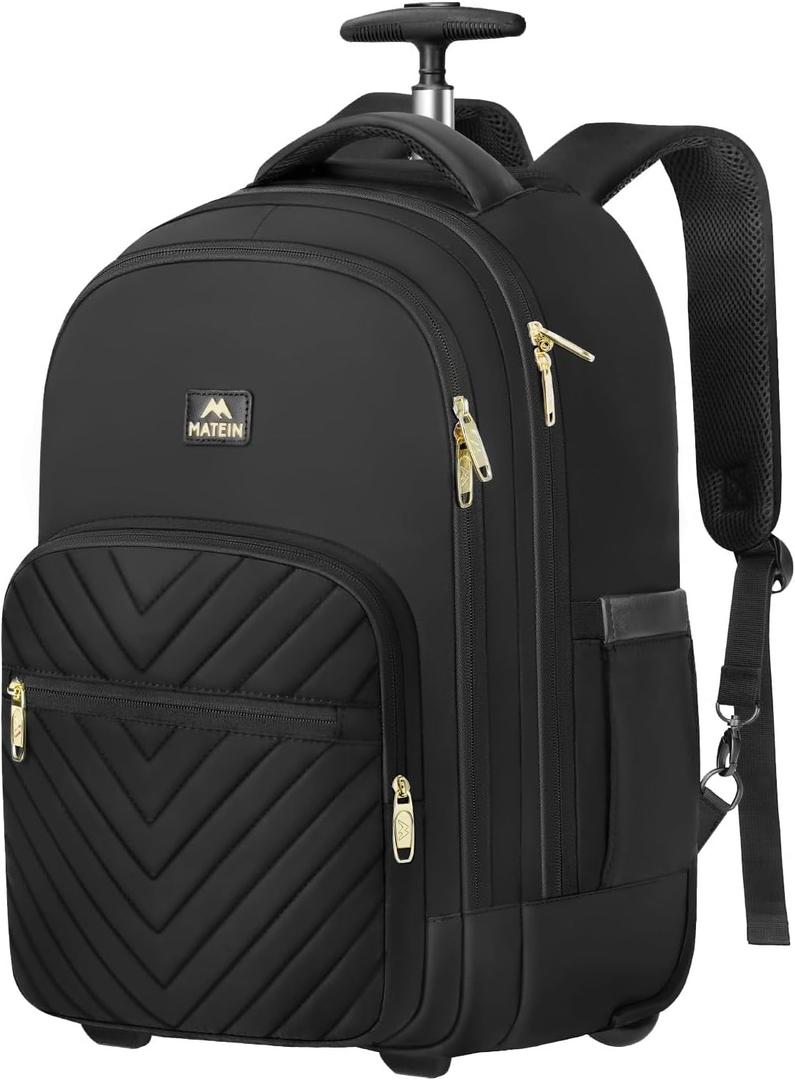 MATEIN Rolling Backpack for Women, 17 inch Water Resistant Wheeled Laptop Backpack, Large Carry On Luggage Travel Backpack with Wheels, Trolley Suitcase Business Overnight Roller Bag for Adults, Black