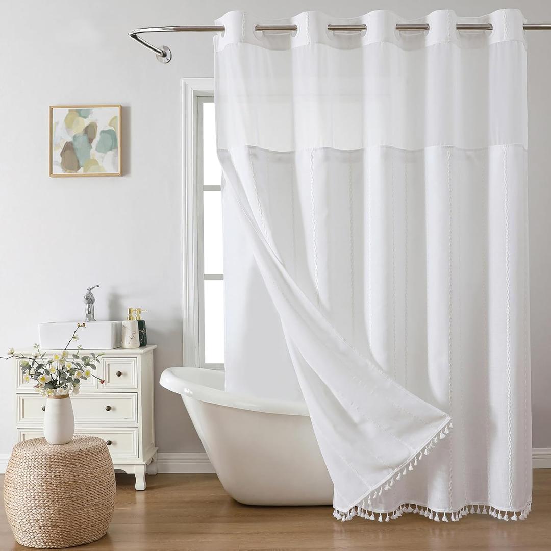 eachope No Hook Extra Long Shower Curtain Set with Snap-in Liner,Linen Textured Thick Striped Fabric with Tassels,Boho Chic Modern Farmhouse Bathroom Curtain,Water-Repellent,White,71x86