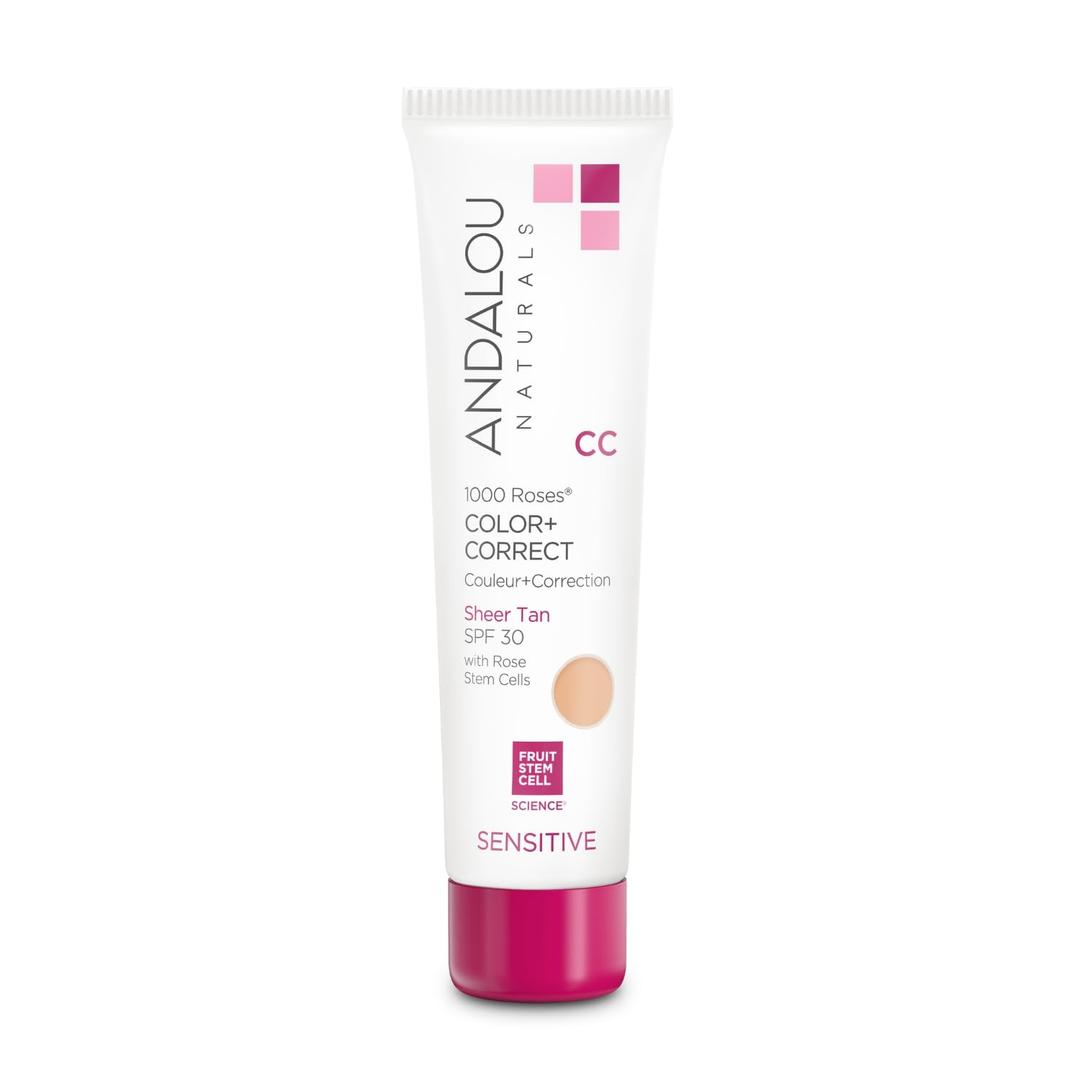 Andalou Naturals 1000 Roses CC Color + Correct with SPF 30, Sheer Tan, 2-in-1 Face Sunscreen + CC Cream for Sensitive Skin, Helps Correct Uneven Skin Tone, Reef Safe Sunscreen, 2 Fl Oz