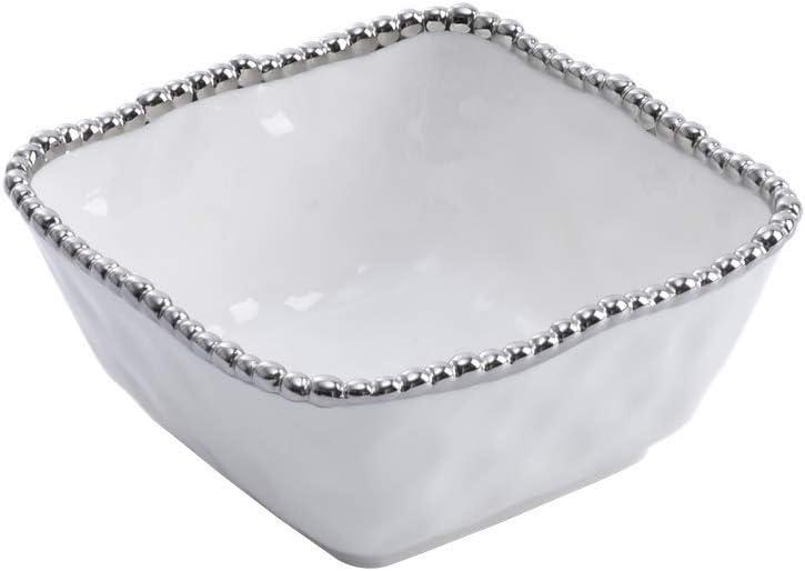 Pampa Bay Set The Table Square Cereal/Soup Bowl, 6  6  2.75 in, White and Silver