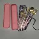 AARAINBOW 8 Pieces Stainless Steel Flatware Set Portable Reusable Cutlery Set Travel Utensils Set Including Chopsticks Knife Fork Spoon Straws Cleaning Brush Dishwasher Safe (Pink Golden)