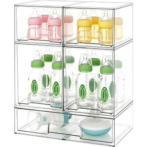 Baby Bottle Organizer Stackable, Acrylic Storage Drawers 5 pack with Non-Slip Pads, Pull-Out Drawers for Baby Bottle, Pump Parts, Pantry, Vanity Countertop (4.4" and 7.6" Tall and 12.1" Wide)