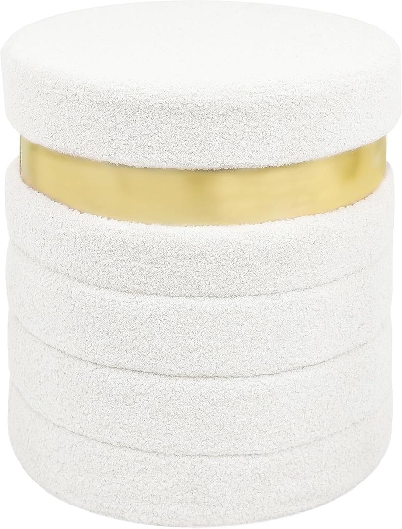Round Ottoman with Storage, Foldable Vanity Stool with Soft Padded, Boucle Foot Stool for Dorm Room, Living Room and Bedroom, White, 15.7"D x 15.7"W x 16.5"H