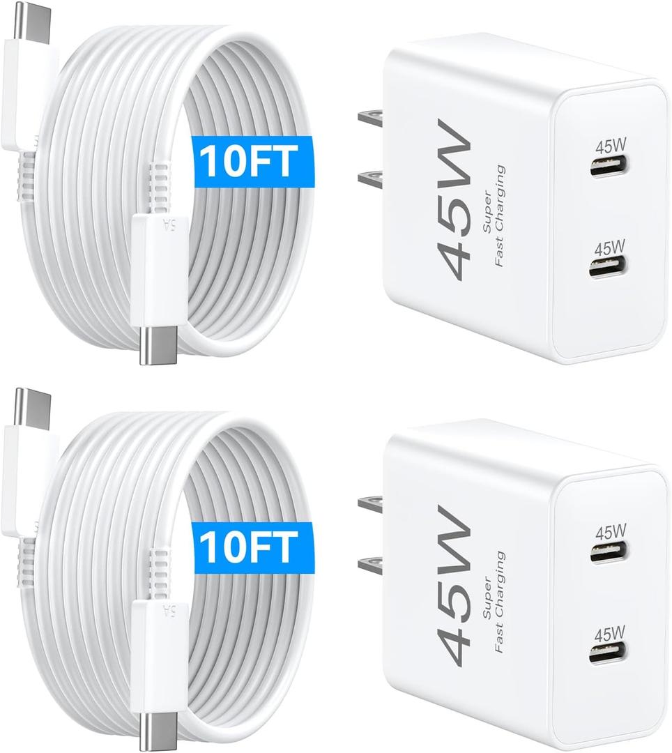 USB C iPhone Fast Charger,45W USBC Type C Charger with Long 10 FT USB C Fast Charging Cable Cord, Dual USB C Phone Charger Block for iPhone 17 Pro Max/17 Pro/Air/17/16/16 ProMax/Plus/S24/S25/S26 (White)