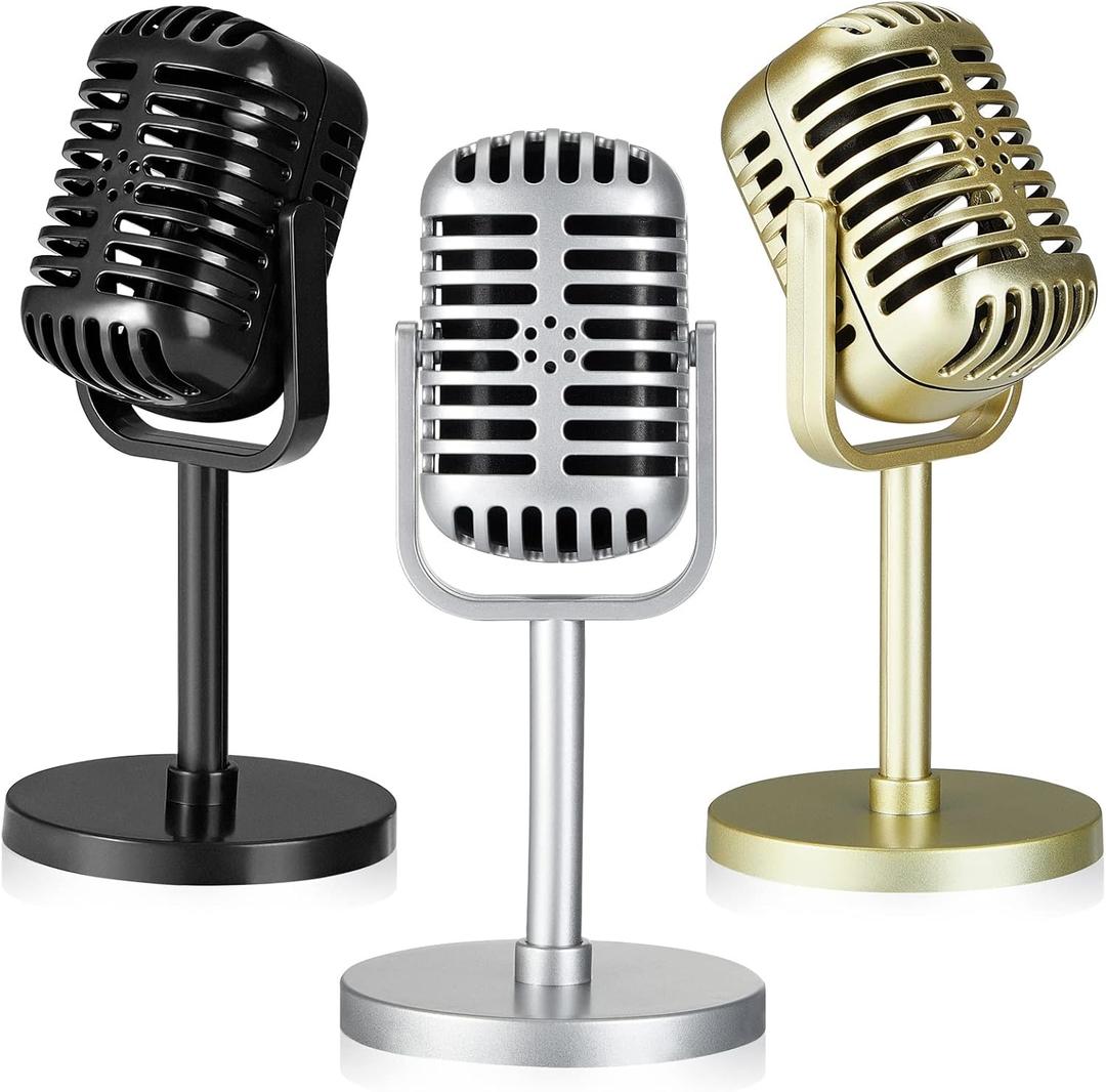 3 Pcs Retro Microphone Props Vintage Microphone Toy Prop with Stand Model Plastic Fake Microphone Antique Prop Mic for Party Role Play Stage Table Decorations, 6.5 x 3.15 x 3.15 Inch, 3 Colors
