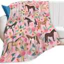 Horse Blanket Gifts for Girls Women Western Horses Flowers Print Fleece Flannel Throw Blankets Soft Lightweight Animal Plush Stuffed Pink Throws for Kids Adults Bed Sofa Decor 50"x40"
