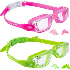 EverSport Kids Swim Goggles, Pack of 2 Swimming Goggles for Children Teens, Anti-Fog Anti-UV Youth Swim Glasses for Age4-16 (Green & Rose Red)